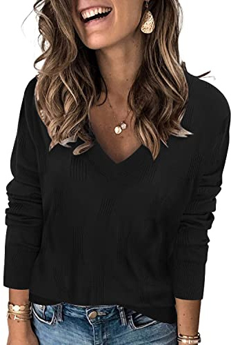 Arach&Cloz Jumpers for Women UK Long Sleeve V Neck Ladies Knitted Tops Casual Solid Sweater Black, M