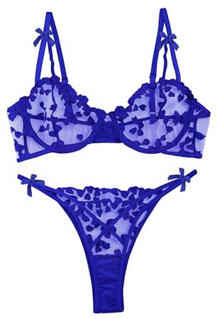 Lilosy Sexy Underwire Cute Push Up Strappy Embroidered Mesh Sheer Lingerie Set See Through Panty Bra, Bow Royal Blue, XL
