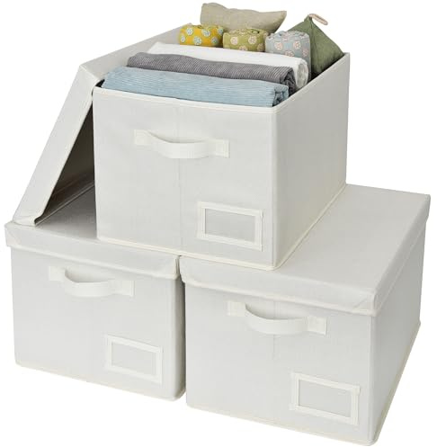 GRANNY SAYS Cestas de almacenamiento para organizar, organizadores de estantes de armario y contenedores de almacenamiento con soporte para etiquetas, blanco perla, paquete de 3