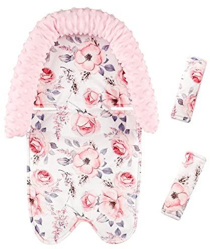 Baby Head Support and Strap Cover for Car Seat, Mink Infant Carseat Headrest for Girls, Newborn Car Seat Insert Cushion for Strollers, Pink Floral