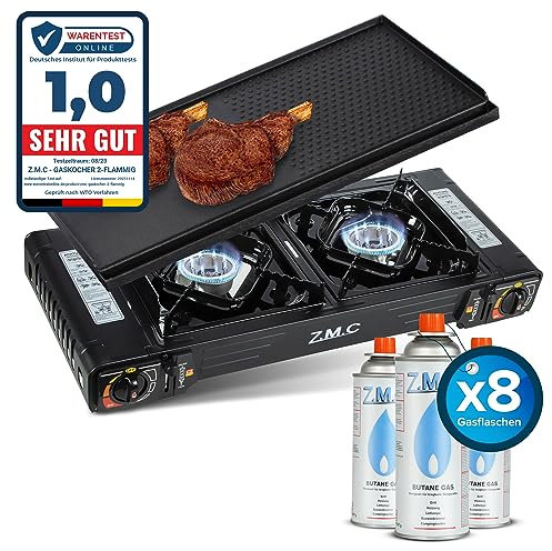 Z.M.C Réchaud à gaz de camping de qualité supérieure - 2 feux - Plaque de 45 x 24 cm - 8 cartouches de 227 g - Allumage sûr pour l'extérieur