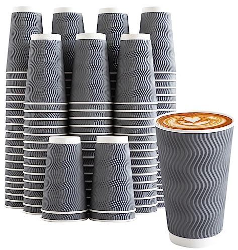 Clawsoff 90 Pack 16 oz Disposable Coffee Cups No Lids, Gray Insulated Ripple Wall Paper Coffee Cups 16oz, Corrugated Beverage Paper Cups, To Go Cups for Hot Chocolate Tea Home Travel Office