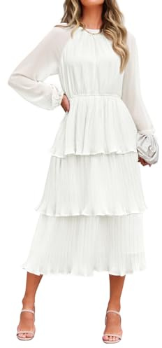 ZESICA Women's 2025 Long Sleeve Crew Neck Ruffle Tiered Layered Chiffon Flowy Swing Long Midi Dress,White,Large