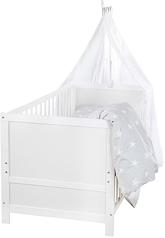 roba Babybett Set, Sterne grau - 70 x 140 cm - Mitwachsendes Kinderbett mit Bettwäsche, Himmel, Matratze - Höhenverstellbar- zum Juniorbett