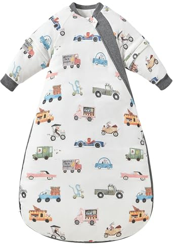 Chilsuessy Baby Schlafsack Winter mit abnembar Langarm Warm Wattiert Babyschlafsack Kinder Ganzjahres Schalfsack für Jungen und Mädchen, Buntes Auto/2.5 Tog, L/Baby Höhe 80-90cm