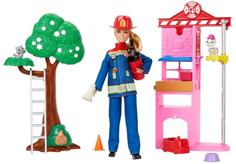 Barbie Tú Puedes Ser Muñeca bombera con estación de bomberos, mascotas y accesorios para la lucha contra incendios, juguete +3 años (HRG55)