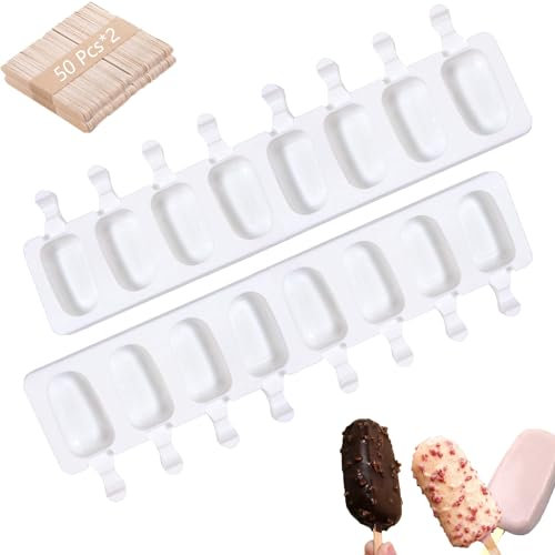 2 Packed Eisformen Silikon, Stieleisformen, Eis am Stiel Formen BPA Free, Popsicle Molds Set, Cake Pop Ice Lolly Mould Eisform, mit 100 Eisstiele