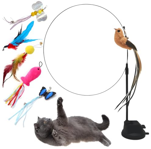 Bogoro Katzenspielzeug Angel mit Feder - Katzenangel Stabil mit Federn - Katzen Spielzeug mit Vogel - Katzenspielzeug Selbstbeschäftigung （6-teiliges Set: mit Vögelchen, Federn, Schmetterlingen usw）