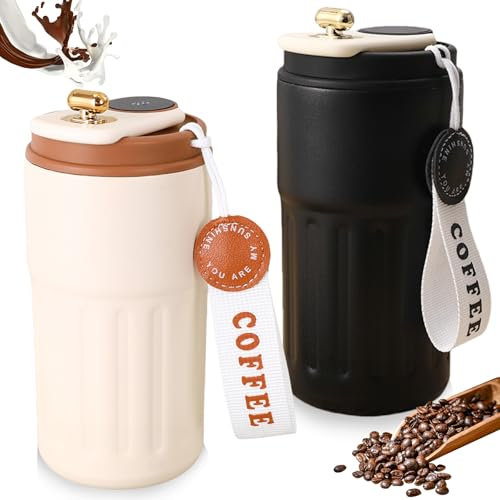 GOMETY Lot de 2 tasses à café à emporter - Affichage numérique - 450 ml - Gobelet isotherme - En acier inoxydable 316 - Anti-fuite - Avec couvercle et poignée pour eau et thé
