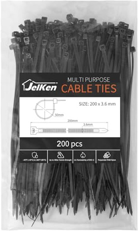 JelKen 200 Pack Black Cable Ties, 200mm x 3.6mm, 8 Nylon Tie Wraps, Self-Locking Strong Zip Ties for Home Office and Garden