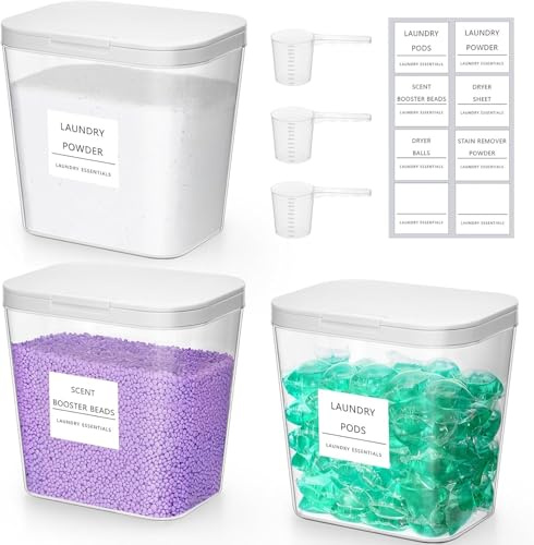 Lifewit 3 Pack Laundry Pods Container with Labels, Scoops and Pop-up Lid, Detergent/Powder/Capsule/Pot/Washing Tablets Storage Holder for Laundry, Bathroom, Kitchen Organisation, 2700 ml/0.72gal