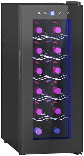HOMCOM Frigorífico para vino 12 botellas 30L 8-18℃ Frigorífico termoeléctrico doble para botellas con puerta de cristal, Frigorífico para bebidas con luz LED, Frigorífico pequeño para vino con
