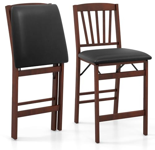 TANGZON Folding Bar Stools Set of 2, PVC Leather Upholstered Bar Chairs with Backrest, Rubber Wood Legs & Footrest, Counter Breakfast Dining Chairs for Home Kitchen Pub, No Assembly (1, Spindle Back)