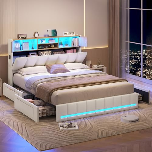 KIMENICH Letto Matrimoniale con Illuminazione a LED, Struttura Letto 160 x 200 cm, 4 Cassetti, Stazione di Ricarica, Testiera con Vano Portaoggetti, Lettos Imbottito, per camera, Bianca