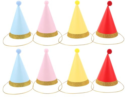 GRIRIW 8 Stück Partyhüte in Papierkegelform für Kindergeburtstage, Hüte mit Pompons für kleine Hunde und Katzen, lustige Bunte Kappen, für Haustierfeiern, Erwachsene, Feiertagsveranstaltungen