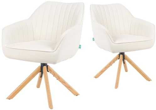 DUBI Möbel Esszimmerstühle 2er Set 360° drehbar mit Rückstellfunktion, Taschenfederkern, hoher Sitzkomfort, bis 150 kg belastbar, Stoff Creme, Eiche Massivholzgestell geölt (Natur), Mika-Luis
