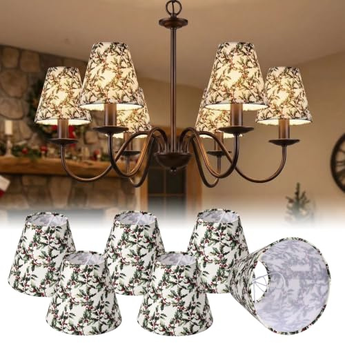 Clip On Lamp Shades Set of 6, Small Empire Replacement Fabric Lampshades for E14 Candle Bulbs, Holly Leaf & Berry Pattern, 8 x 15 x 13 cm, for Chandeliers, Wall Sconces & Table Lamps