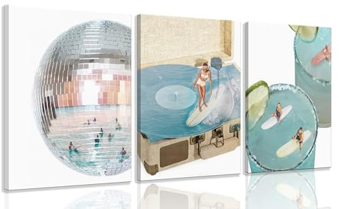 3Pcs Coastal Canvas Wall Art Trendy Beach Painting Picture Wall Decor Surfing Disco Ball Cocktail Poster Print Artwork for Living Room Bedroom Y2K Youth Room Home Decoration