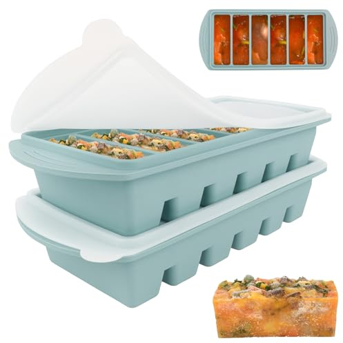 Lotvic Paquete de 2 bandejas de silicona para congelador, 750 ml con tapa, 6 compartimentos, hace 12 cubos de porciones de 1/2 taza, bandeja para congelador para preparación de comidas, sopa, salsa