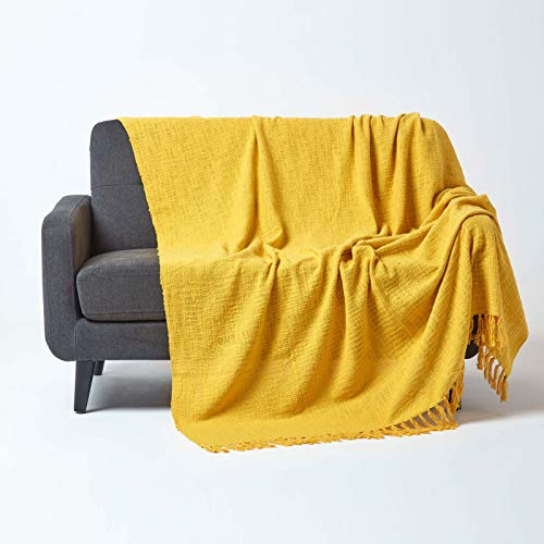 Homescapes Wohndecke Nirvana Slub Sonnengelb – handgewebte Baumwolldecke 255x360 cm, Tagesdecke aus 100% Baumwolle mit Struktur & Fransen, Sofaüberwurf im natürlichen Look, Oeko-TEX