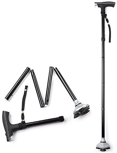 Jazooli Adjustable Folding Walking Stick Pole Cane with LED Light, Walking Aid, Lightweight, Collapsible, Fashionable, Foldable, Travel, Holiday, Stick, Easy Fold up - for Men, Women, Elder