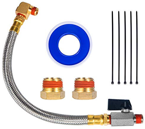 Breezliy Extended Tank Drain Valve Assembly Kit,10 Inch Braided Steel Hose 1/4 Inch NPT Drain Valve and Elbow Fitting for Air Compressor with Two Extra 1/4 to 3/8 Brass Adapter and Thread Seal Tape