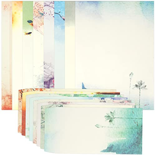 72 PCS Vintage Briefpapier mit Brief Umschläge Blumen Motivpapier Chinesischer Stil Schreibpapier Briefpapier Set für Geburtstagkarte Einladungskarte Ankündigungsbrief (8 Stile)