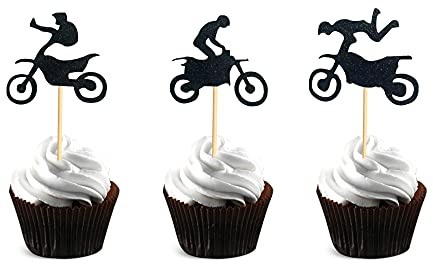 Arthsdite 48Pcs Dirt Bike Motocross Cupcake Toppers for Dirt Bike Themed Birthday Party Cake Decorations Black Glitter Motorcycle Cupcake Picks Man's or Boy's Birthday Party Supply Decoration