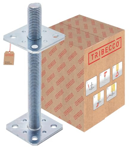 TRIBECCO Pfostenträger Vertikal Verstellbarer (80 x 80 x 250 / Gewinde M 24) Stützenfuß Höhenverstellbar Verzinkt Bodenfuß Betonfuß Zum Aufschrauben Regulierbar