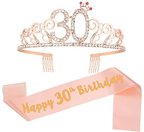 KroY PecoeD 30 Ans Couronne Anniversaire Écharpe, Rose Anniversaire Ceinture et Diadème pour Femme, Diademe Princesse Happy 30th Birthday Costume Accessoire Décoration Anniversaire Cadeau