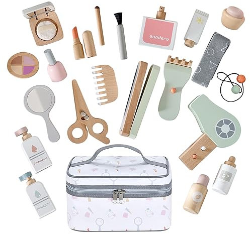 Smartwo Set Maquillaje Niñas, Juguete de Madera para Peluqueria y Belleza y Maquillaje, con Bolsa Comestic, Accesorios Tocador Infantil, Juegos Niña, Regalo Cumpleaños para Niños 2 3 4 5 6 Años