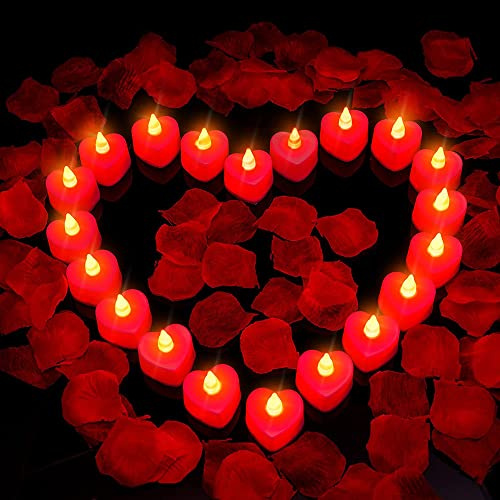 Puceky Lot de 24 bougies LED cœur et 1000 pétales rose artificiels, bougie chauffe-plat LED romantique, Saint-Valentin, anniversaire mariage, décoration