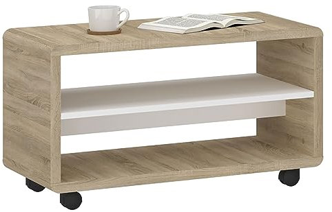 IDIMEX Meuble TV sur roulettes ISABA avec 2 niches de Rangement, Meuble télé en mélaminé chêne Sonoma et Blanc