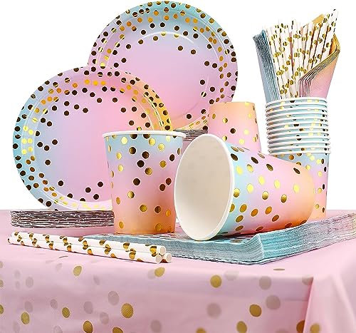 Gowkeey Vajilla de Fiesta 126 Piezas,Set de Vajilla Desechable, Arcoiris Gradient Vajilla Party,Cumpleaños Platos,paja,Arcoíris Servilletas,Vasos, Mantel,Adecuado Cumpleaños,Bodas,Aniversarios