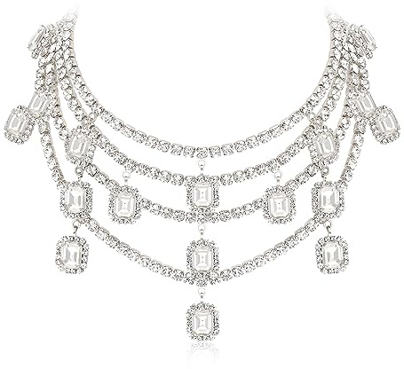 EVER FAITH Vintage Halskette Strass geschichtet klobig Kragen, Glitter Kristall Kostüm Statement Bib Choker klar Silber-Ton