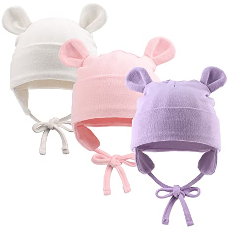 Pesaat Baumwolle Erstlingsmützen 0-12Monate Baby Mütze Neugeborene Mädchen Jungen Baby Beanie Newborn Mütze Mit Ohren und Band,Sommer,Frühling,Winter