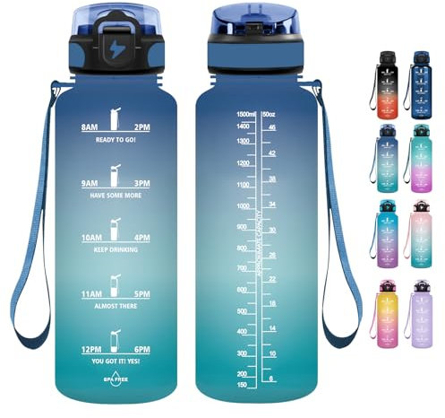 Grsta Borraccia - 1500ml - Borraccia Palestra senza BPA, con Cannuccia, Sportiva con Indicatore del Tempo Motivazionale, per Studio Fitness, Scuola, Ufficio - Blu verde