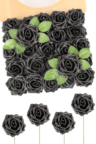 N&T NIETING Künstliche Blumen Glitter Rose, 25 Stück Gefälschte Rosen Blumen mit Stängeln Real Touch Faux Schaum Rosen für Hochzeit Sträuße Party Home Halloween Weihnachtsdekoration (Schwarze)