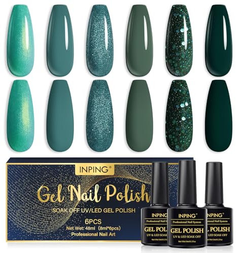 INPING UV Nagellack Grün - 6 Farben Gel, Glitzer Grün Grasgrün Dunkelgrün für Anfänger DIY Nail Art Maniküre Salon, Langlebig, 8ML
