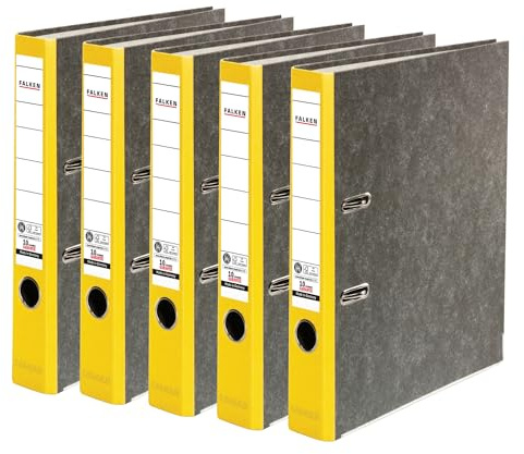 FALKEN 5x Recycling-Ordner 5 cm schmal DIN A4 gelber Rücken | Made in Germany Papierbezug im Wolkenmarmor-Design Blauer Engel