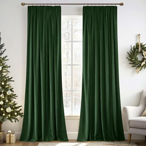 MIULEE Dark Green Velvet Pencil Pleat Darkening Curtains for Bedroom 2 Panel Set, Super Soft Luxury Home Decor Living Room, Thick Room Darkening Curtains 90 Drop, Each 90 x 90 Inche