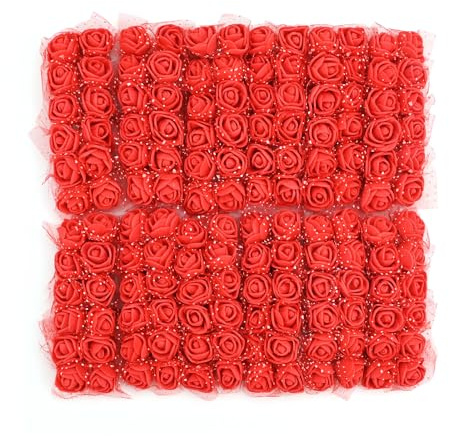 CavspkArt 144 Pcs Espuma Falso Rosas con Tallo Flores Artificiales Pequeña Flor de Imitación para Bricolaje Cabezas De Flores Decoración Hogar para Aniversario Cumpleaños Boda Carnaval Fiesta (Rojo)