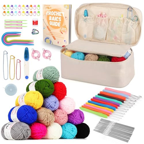 Aeeque Häkelset mit 15 Wolle, Häkelset für Anfänger Erwachsene Kinder, Häkel Set mit Ergonomisch Häkelnadel zum Häkeln Schals, Pullover, Decke, Bunte Crochet Set mit Häkeltasche, Zubehör, Beige