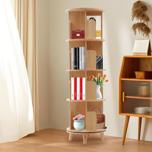 Drehbares Bücherregal, Runden Standregal, 360° Drehregal Holzregal mit Tischfuß, Bodenständer, Multifunktionales Dekoregal, Aufbewahrungsregal, Buch-Organizer für Schlafzimmer, Wohnzimmer (4 Etagen)