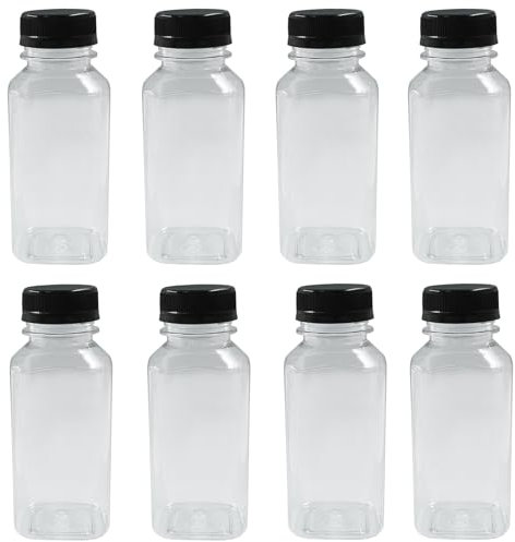 Waziaqoc Kunststoff-Saftflasche, wiederverwendbar, transparent, mit schwarzem Deckel, für selbstgemachte Öle, heiße Soße, Tee, Milch und hausgemachte Getränke, 250 ml, 3 Stück