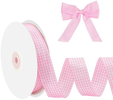 NBEADS 50 Yards Gingham Bänder, 2.5cm Kariertes Bänder 100% Polyester Gewebter Rand Kariertes Bänder Schottisches Bänder Zum Verpacken von Geschenken Party Dekoration, Perle Rosa