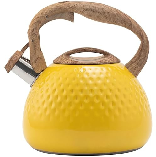 Bollitore per piano cottura, in acciaio inox, con motivo a martello, 2,8 l, con fischietto acustico con manico in legno, bollitore per fornelli a gas o piano cottura a induzione (giallo)