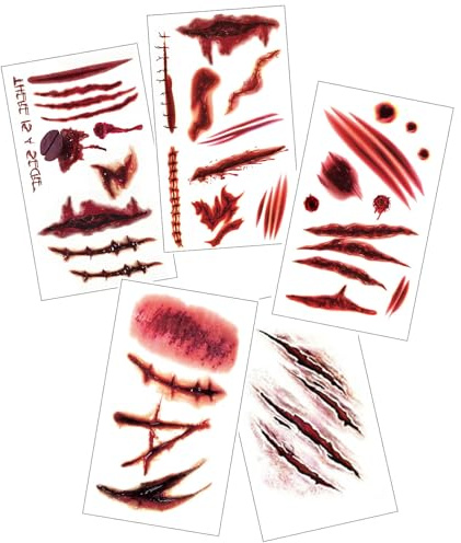 Dinghaole 5 Feuilles Autocollant Tatouage Halloween Cicatrices，Halloween Zombie Scars Tatouages ​​Autocollants，tatouage cicatrice，tatouage halloween cicatrice，autocollant halloween visage