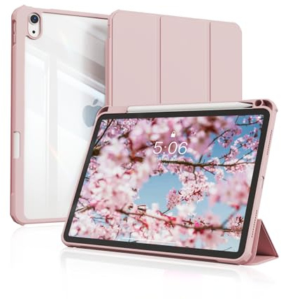 KVTVOU Case for iPad Air 11 Inch M4/M3/M2, iPad Air 5th/4th Gen, Pink | Transparent Hard PC and Shockproof TPU Back with Pencil Holder, Auto Sleep/Wake, Tri-fold stand, Shockproof,Resists scratches
