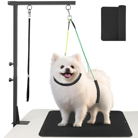 Babenest Dog Grooming Arm with Clamp, 38.5 Adjustable Pet Grooming Table Arm with Non-Slip Mat Pad, Foldable Dog Grooming Stand with Loop Noose and No-Sit Haunch Holders for Small Medium Dogs at Home